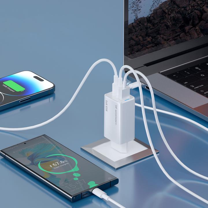Actual product image Wozinsky GaN 65W Ladegerät mit 2xUSB-C USB-Anschlüssen mit 65W CC-Kabel - Weiss (65 W)