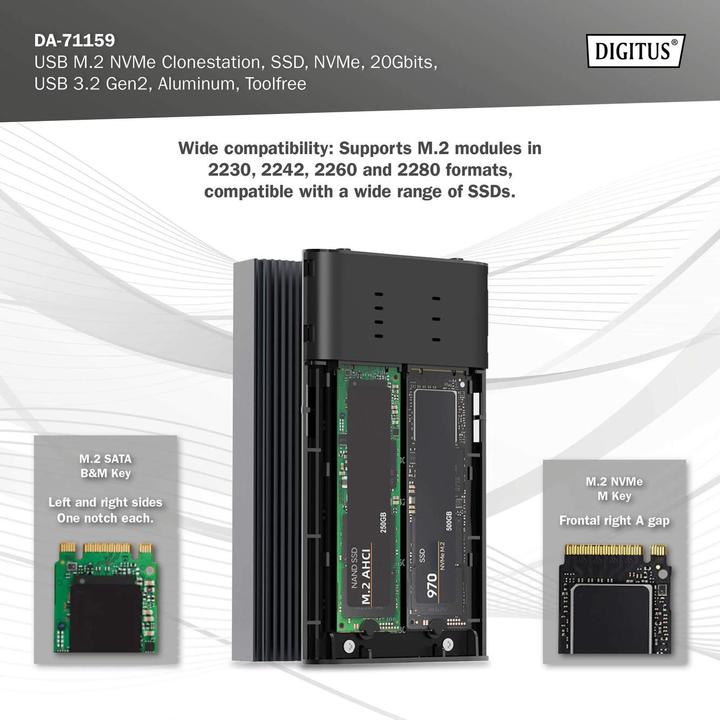 Actual product image Digitus USB M.2 NVMe Clonestation, SSD, NVMe, 20Gbits, USB 3.2 Gen2, aluminum, toolfree (M.2 2280, M.2 2260, M.2 2242, M.2 2230)