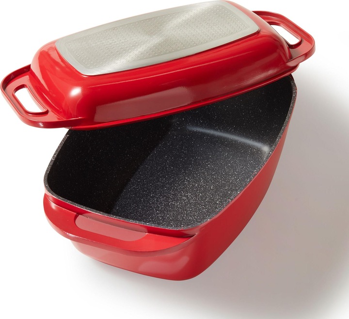 Produktbild Stoneline Bräter 43 x 26 cm mit Deckel, Backofen und Induktion geeignet, Antihaftbeschichtung, rot (Bräter + Schmortopf, Aluminiumguss)