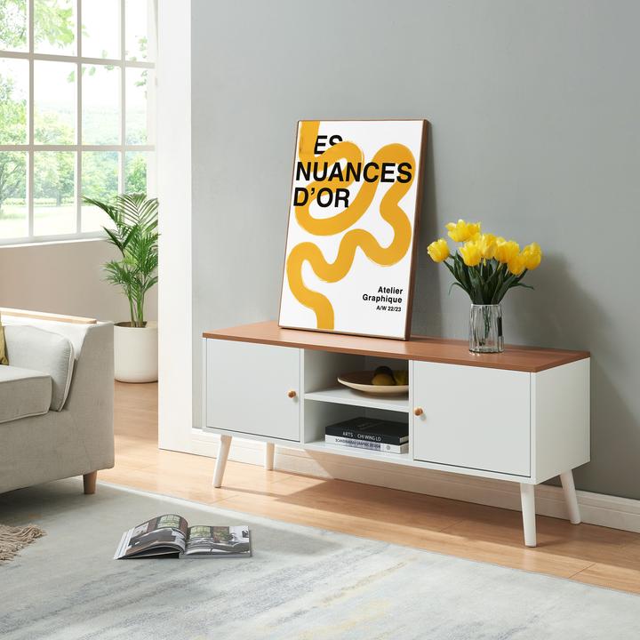 Produktbild En.Casa Fernsehschrank Reyljand mit 2 Türen 120x35x50 cm Weiss/Teakoptik (120 x 35 x 50 cm)