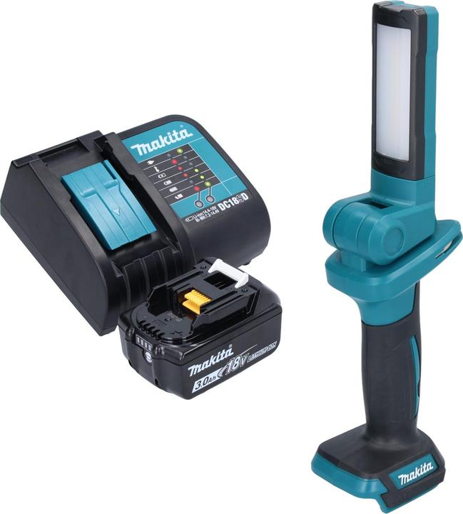 1x Makita DML 816 Akku LED Arbeitsleuchte, 1x Schultergurt mit Haken, 1x Makita BL 1830 B 18 V 3,0 Ah Akku, 1x Makita DC 18 SD Akku Ladegerät