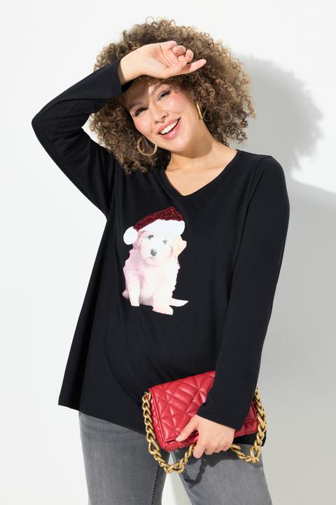 Produktbild Ulla Popken Weihnachtsshirt, Welpe, A-Linie, V-Ausschnitt, Langarm (50, 52)