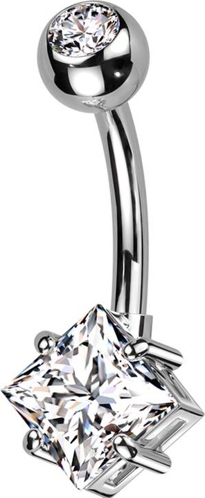 Star Piercing Banane silber mit Kugel silber Kristall silber und grossem quadratischem Kristall silber (Messing, Titan G23)