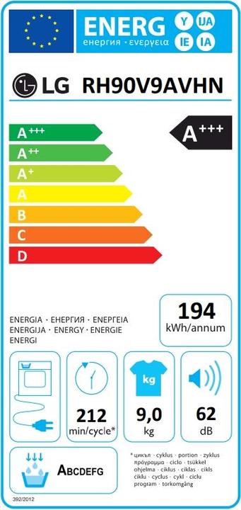 Label énergétique LG RH90V9AVHN Sèche-linge en pose libre Chargement frontal 9 kg A++ Blanc (9 kg, Gauche)