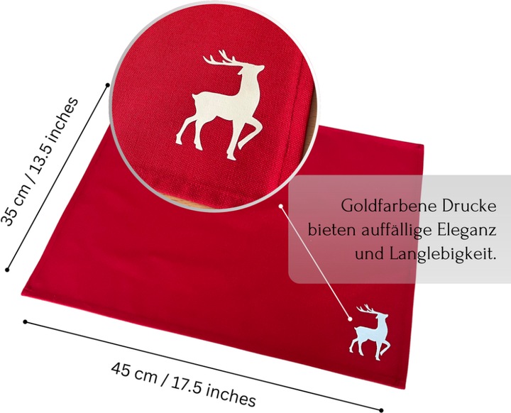 Actual product image Atölye No:35 Tischsets Weihnachten, 4er Set Rot Gold Rentier-Stickerei, Abwaschbar 45x35 cm (4 x, 45 x 35 cm)