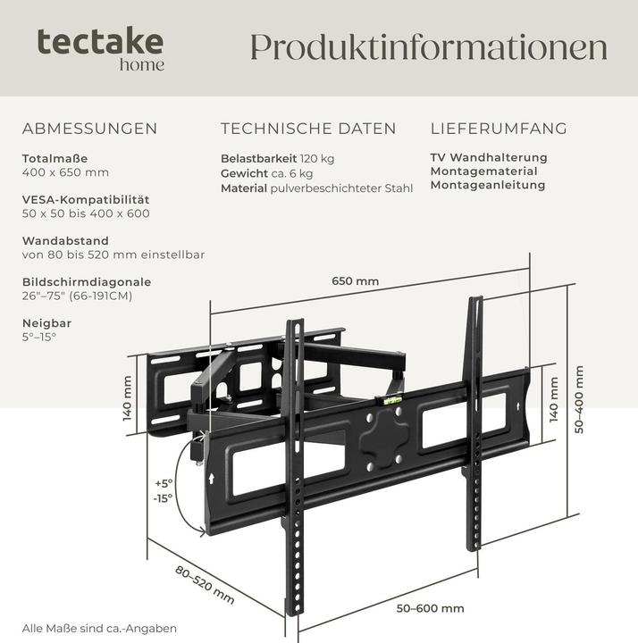 Produktbild tectake TV Wandhalterung (Wand, 100", 120 kg)