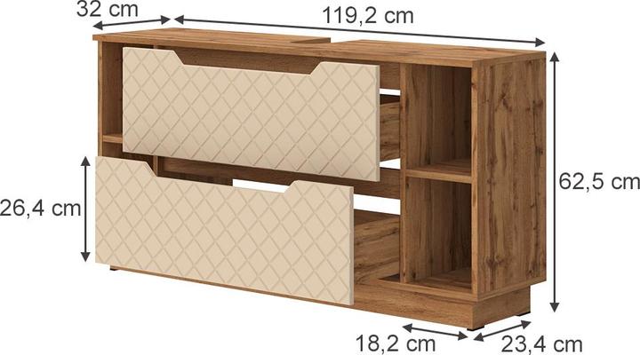 Actual product image Vicco Waschbeckenunterschrank Lotta, Eiche/Kaschmir mit Kachelstruktur, 119.2 x 62.5 cm mit 2 Schubladen (119.20 x 35 x 62.50 cm)