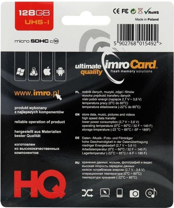 Productafbeelding IMRO 10/128G UHS-I ADP Geheugenkaart 128 GB MicroSDHC Klasse 10 (128 GB, microSDHC, U1, UHS-I)