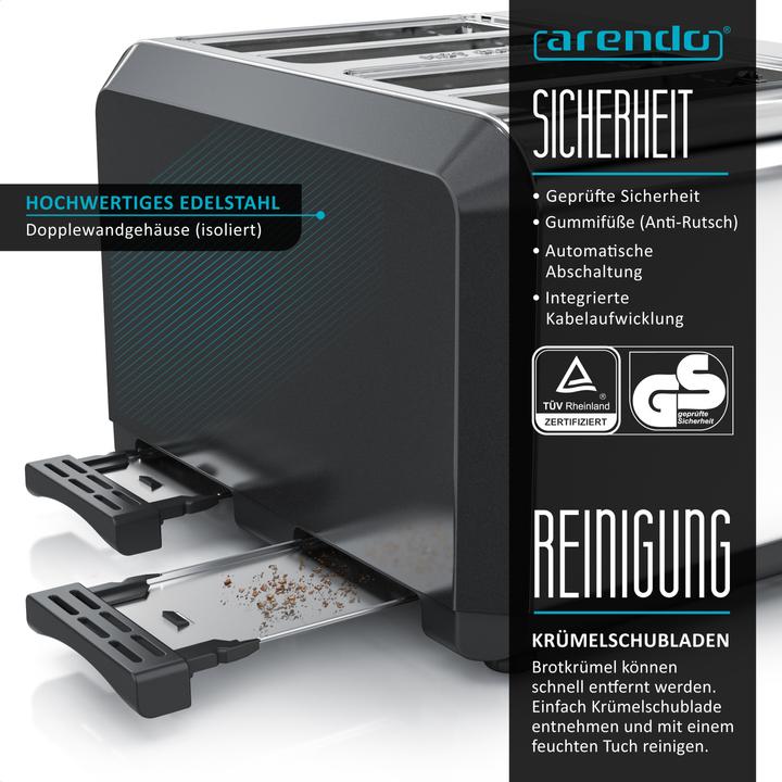 Produktbild Arendo Edelstahl Toaster 4 Scheiben, Automatik, Edelstahl, Wärmeisolierendes Doppelwandgehäuse, schwarz