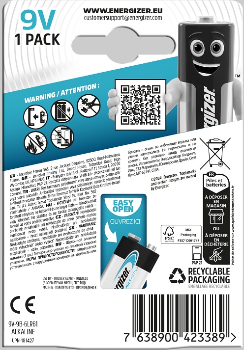 Actual product image Energizer Max Plus Alkaline (1 pcs., 9V Block, 600 mAh)