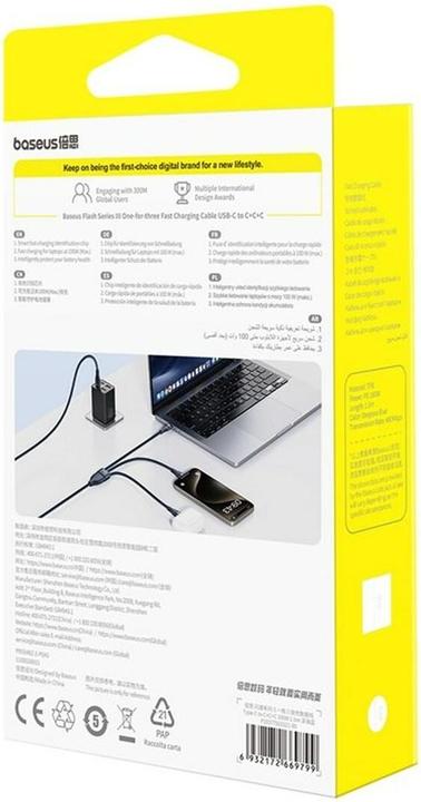 Actual product image Baseus Flash Series Typ C auf C+C+C Schnellladekabel 480 Mbps Blau (1.50 m, 100 W)