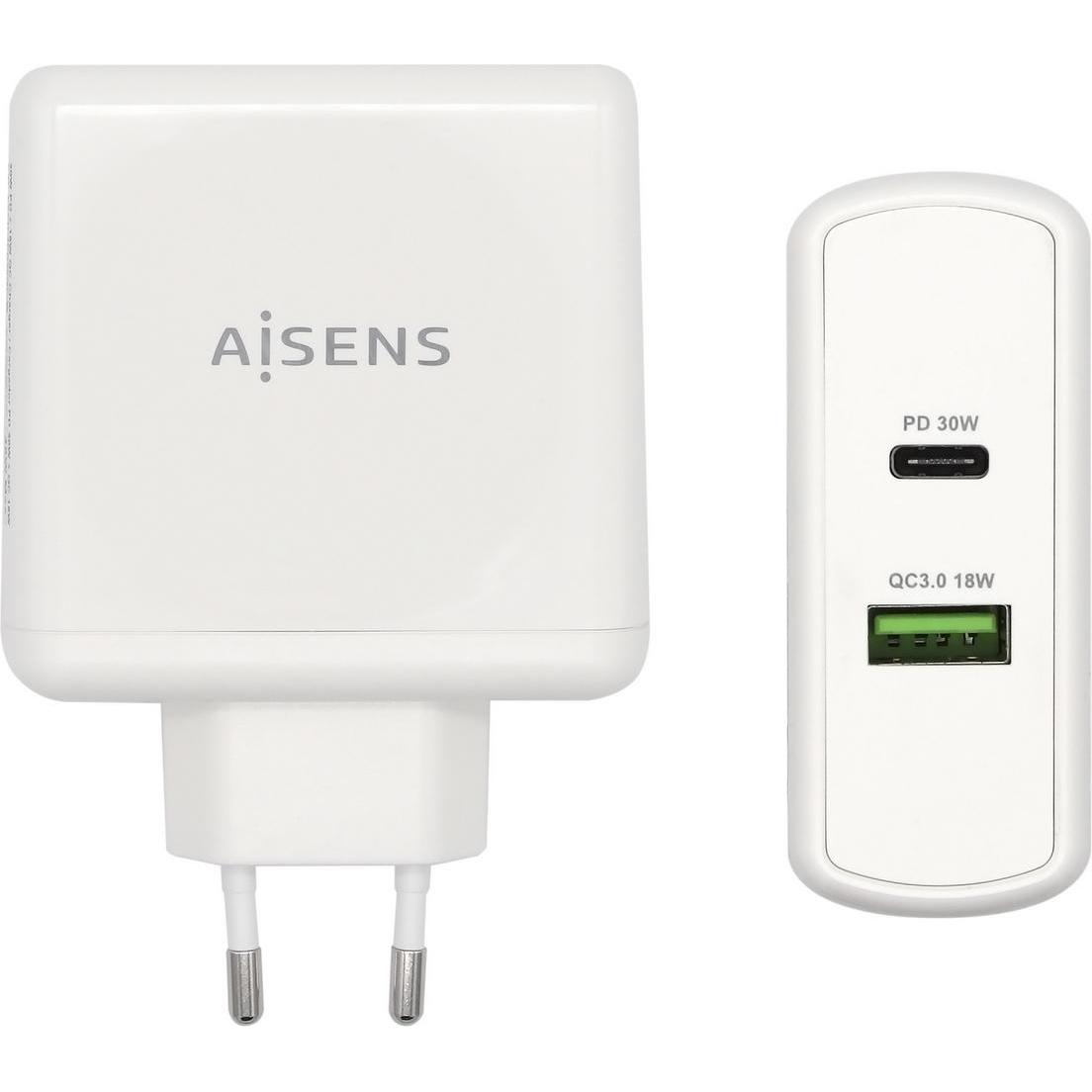 Aisens ASCH-2PD30QC-W Caricatore per dispositivi mobili bianco per interni (48 W), Caricatore USB, Bianco