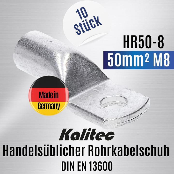 Produktbild Kalitec 10 Stück HR50-8 Handelsübliche Rohrkabelschuhe 50mm² M8 I ohne Sichtloch I Made in Germany