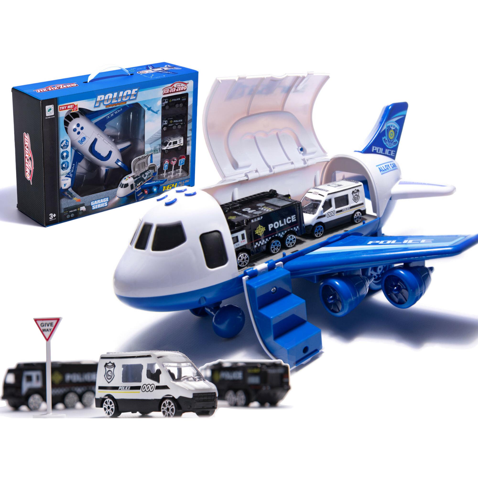 Ikonka Transporter-Flugzeug + 3 Polizeiautos