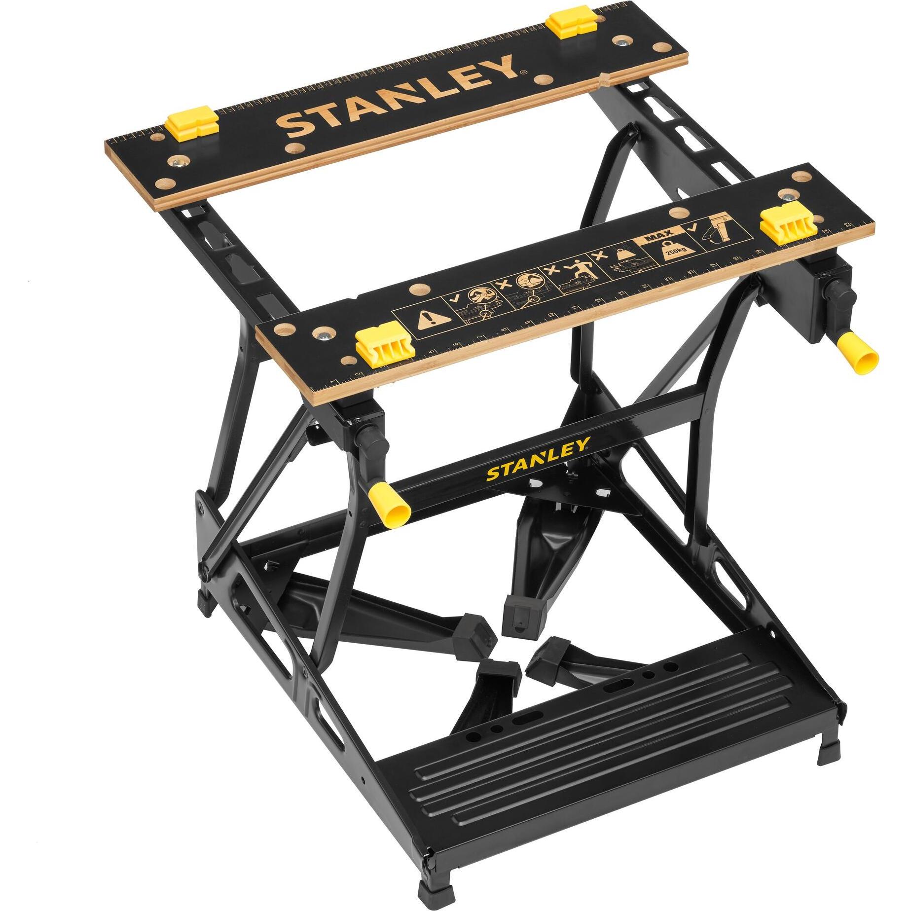 Stanley, Banco da lavoro, Banco di lavoro con piano di lavoro in bambù e doppia altezza di lavoro, caricabile fino a 250kg (50.50 cm, 78 cm)