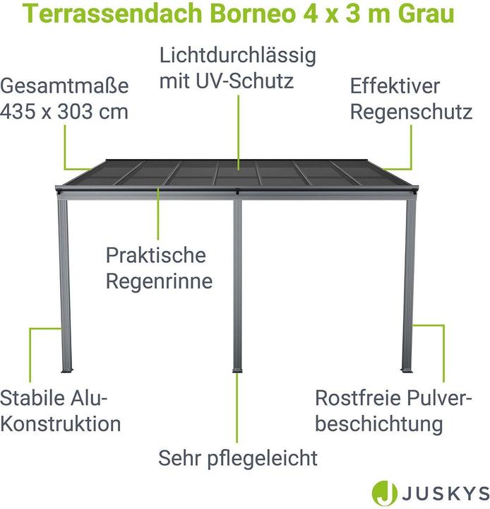 Image du produit Juskys Aluminium Terrassendach Borneo 4x3m mit Doppelsteg-Platten - Dunkelgrau