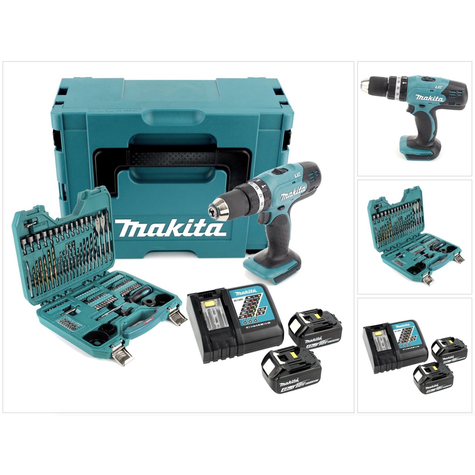 Makita, Bohrmaschine + Akkuschrauber, DHP 453 RMJ Akku Schlagbohrschrauber 18 V 42 Nm + 2x 4,0 Ah Akku + Ladegerät + 101...