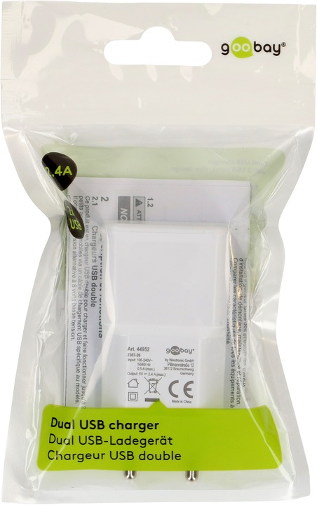Immagine prodotto Goobay Caricabatterie doppio USB 2,4 A - Alimentatore USB con 2 uscite USB - bianco (12 W)