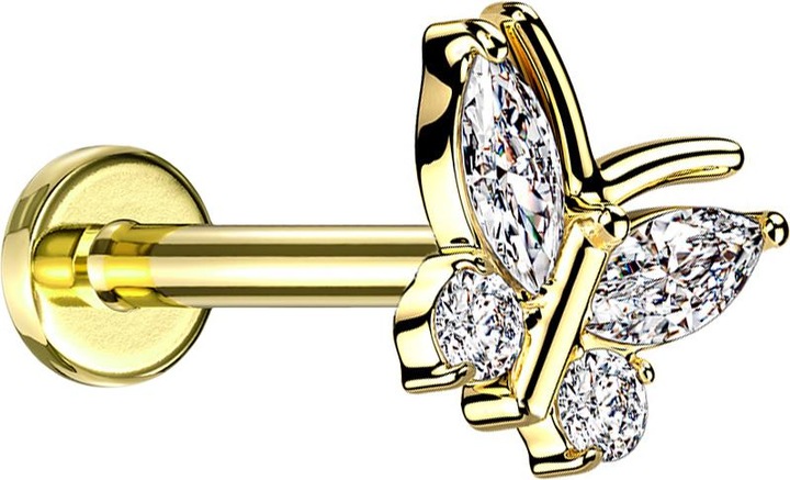 Actual product image Star Piercing Micro Labret internal thread gold plated butterfly four crystals silver (Surgical steel 316L, Brass)