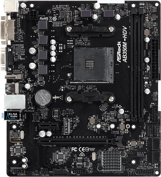 Actual product image AsRock AB350M-HDV R3.0 AMD Promontory B350 Socket AM4 micro (AM4, AMD B350, mATX)