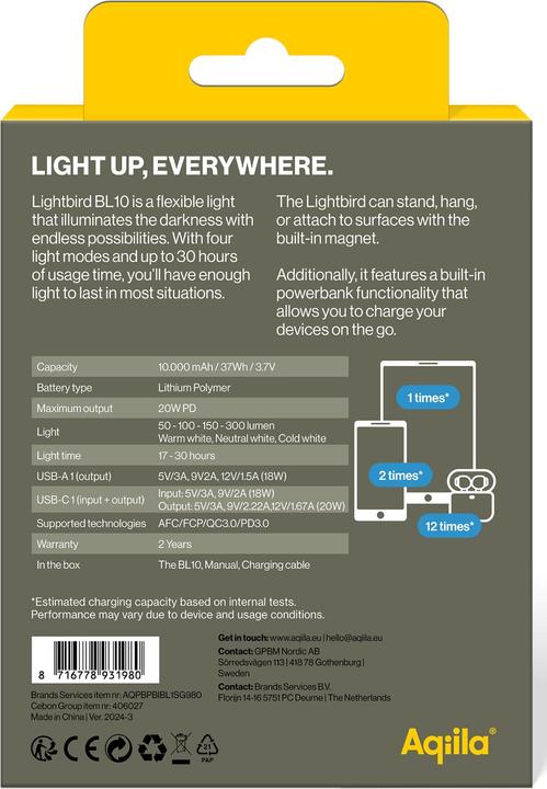 Actual product image Aqiila Lightbird BL10 - Campinglight with powerbank