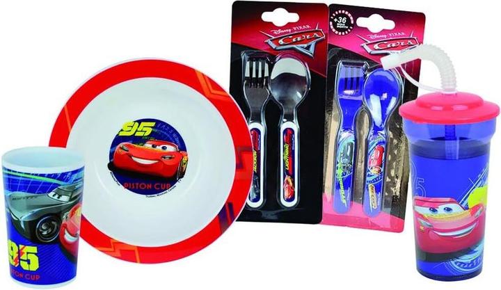 Image du produit set vaisselle verre assiette creuse, verre paille, 2 lots de couverts enfant disney cars