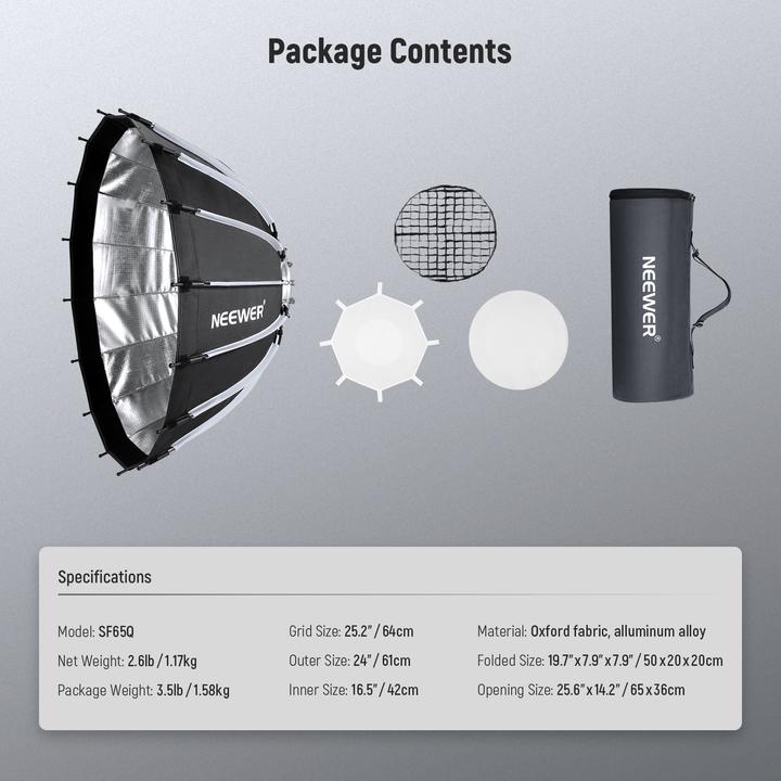 Immagine prodotto Neewer 65cm Wide Parabolic Quick Release Softbox With Honeycomb Grid
