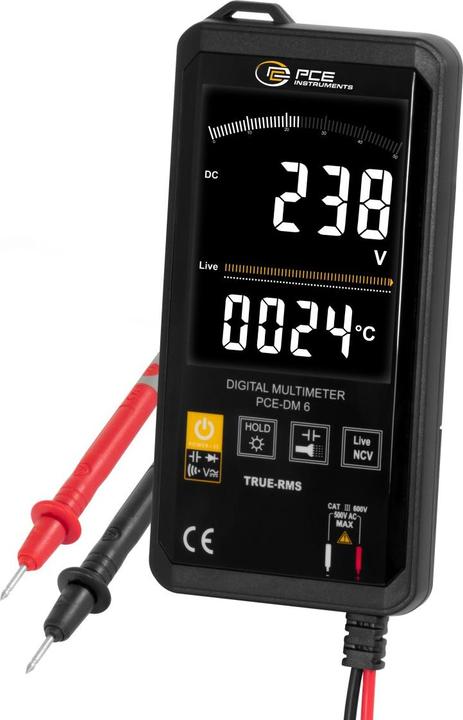 1 x multimètre PCE-DM 6, 1 x jeu de cordons de mesure, 2 x piles AAA 1,5V, 1 x manuel d'utilisation