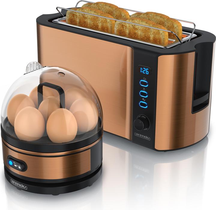 Arendo Breakfast set, 4-slice long slot toaster with bread roll top & egg boiler for 7 eggs, copper