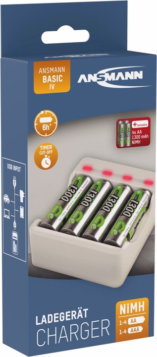 Actual product image Ansmann Charger Basic IV incl. 4 x AA 1300mAh battery (1 pcs., AA, 1300 mAh, Battery + charger)