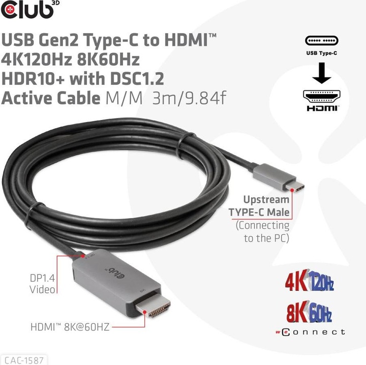 Produktbild Club 3D HDMI (Typ A) — USB C (3 m, HDMI, USB Typ C)