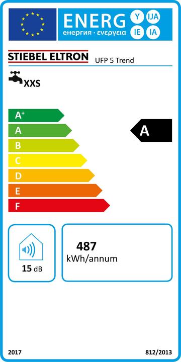 Energie-Label Stiebel Eltron UFP 5 Trend Kleinspeicher mit Stecker, thermostop, Untertischboiler 5 l Niederdruck, 2 kW