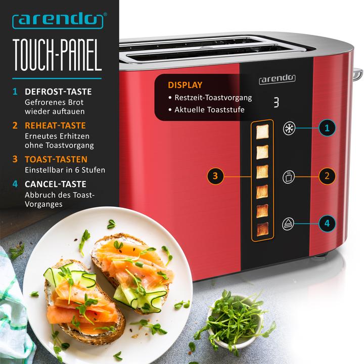 Produktbild Arendo Toaster Edelstahl 2 Scheiben Kurzschlitz, Bräunungsgrad & Restzeitanzeige, Touch Display, 800 W