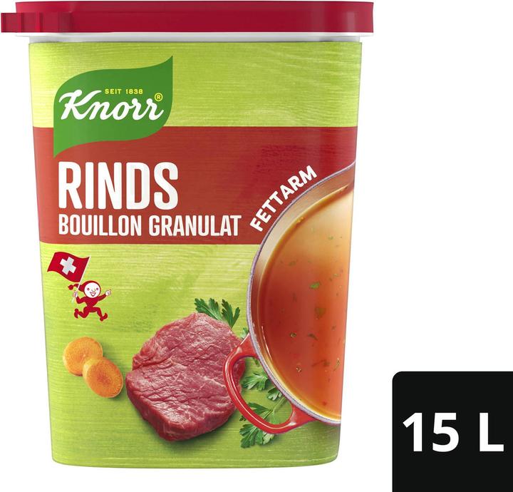 Actual product image Knorr Beef bouillon low fat granules, fat-free bouillon for seasoning meat, sauces, vegetables or rice.
