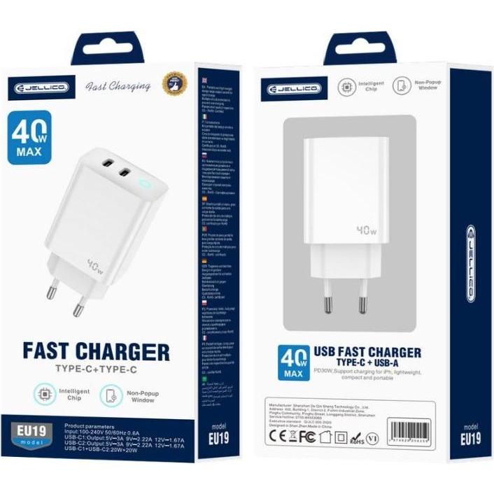 Jellico EU19 GaN 40W PD Universal Super Fast Charger 2x USB-C / USB + Lightning Cable (40 W), USB Ladegerät