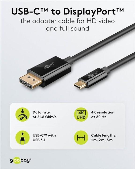 Image du produit Goobay USB-C-auf-DisplayPort-Kabel 4K @ 60 Hz, 1 m, schwarz (1 m)