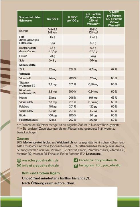 Nährwerte und Zutaten For You whey protein isolate - Haselnuss-Schokocreme (Haselnuss-Schokocreme, 1 Stk., 600 g)