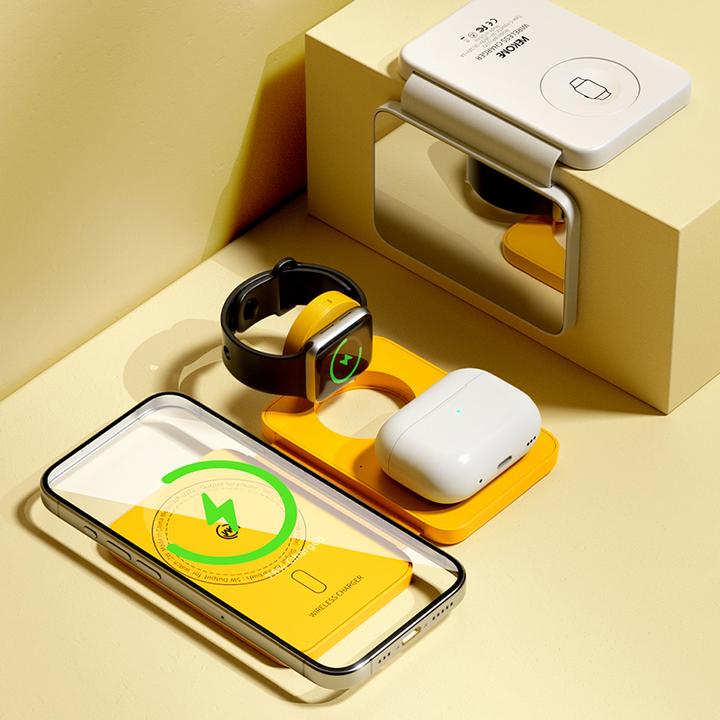 Actual product image Wekome 3in1 wireless charger with MagSafe for iPhone, Apple Watch and AirPods + mirror (yellow)