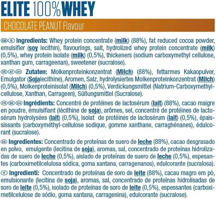 Nutritional values and ingredients Dymatize Elite Whey (Groundnut, Chocolate, 1 pcs., 2170 g)