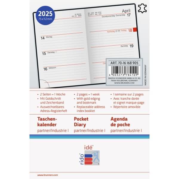Produktbild rido/idé 7016168905 Taschenkalender Modell partner/Industrie I (2025)| 2 Seiten = 1 Woche| A7| (Deutsch)