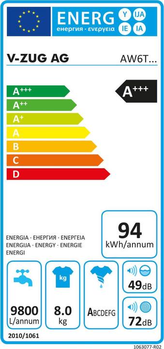 Energie-Label V-ZUG AdoraWaschen V6000 (8 kg, Links)