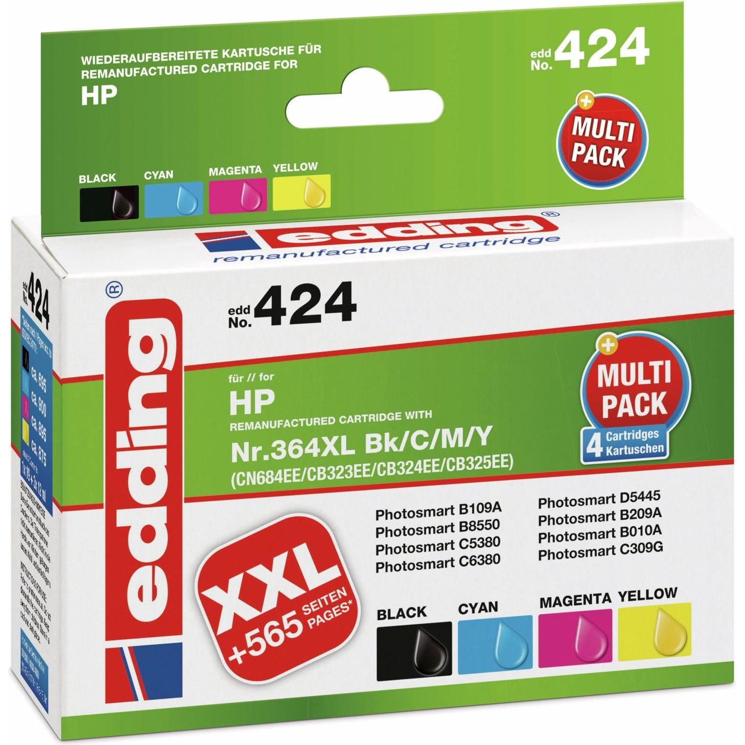 Edding, Druckerpatrone, Tinte ersetzt 364, 364XL Kompatibel Kombi Pack Schwarz, Cyan, Magenta, Gelb 424 (BK)