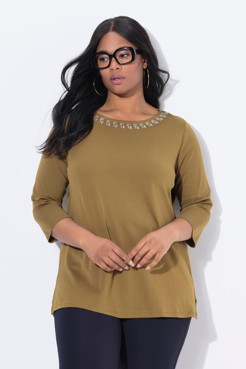 Actual product image Ulla Popken Rhinestone Boat Neck 3/4 Sleeve Top (50, 52)