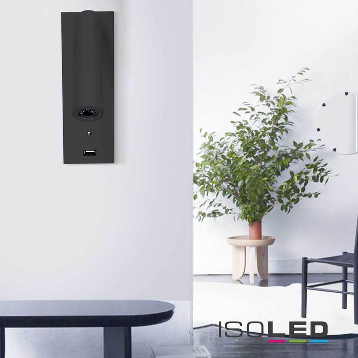 Produktbild Isoled LED Leseleuchte, 3W, schwarz, mit USB A Ladebuchse, warmweiss, 3 Stufen dimmbar