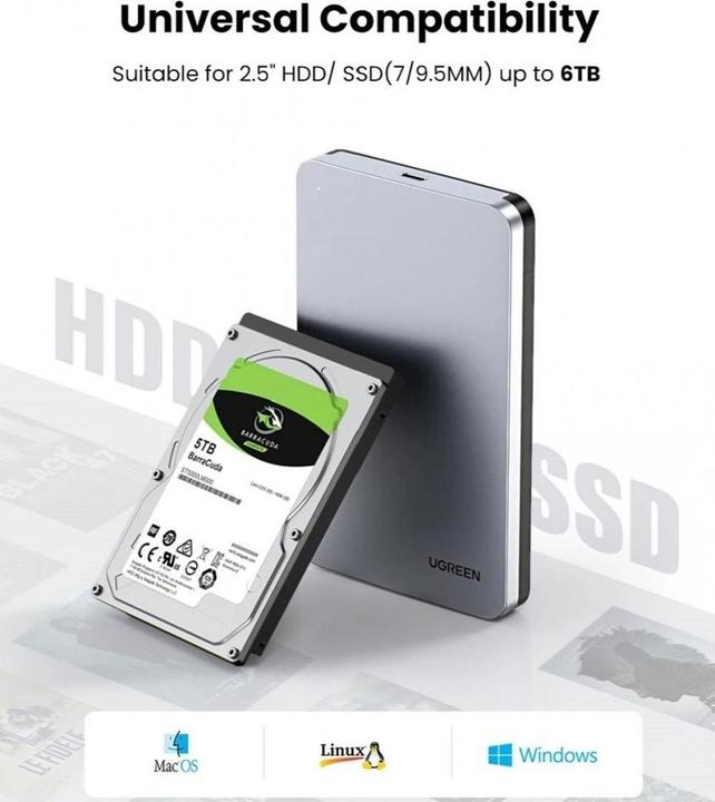 Productafbeelding Ugreen USB 3.1 Type-C HDD/SSD Aluminium Behuizing 2,5" met USB-C Kabel (2.5")