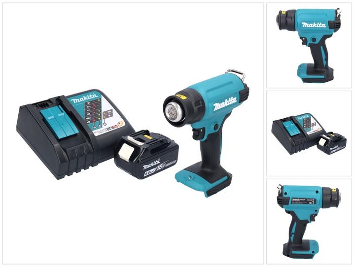 1x Makita DHG 180 batterie soufflerie d'air chaud, 1x Makita BL 1860 B 18 V 6,0 Ah batterie, 1x Makita DC 18 RC chargeur de batterie