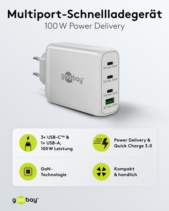 Immagine prodotto Goobay Caricatore rapido multiporta USB-C™ PD (100 W) bianco, bianco - 3x porte USB-C™ (Power Delivery) e (100 W)