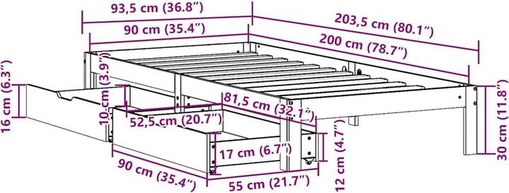 Produktbild vidaXL Bett mit Schubladen Kiefer (75 x 190 cm)