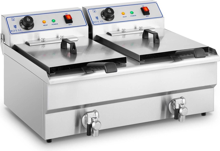 Royal Catering Fritteuse Starkstrom Doppel Edelstahl Fritteuse Kaltzonen 6000 Watt 2 x 16 l (EU-Stecker)