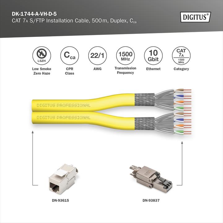 Actual product image Digitus CAT 7A S-FTP installation cable, 1500 MHz Cca, (EN 50575), AWG 22/1, 500 m reel, yellow (SFTP, CAT7a, 500 m)